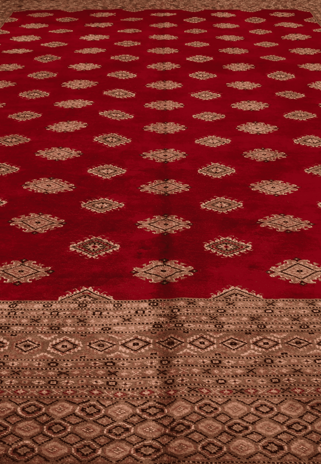 One-of-a-kind ruby red and cream Pakistani Jaldar rug