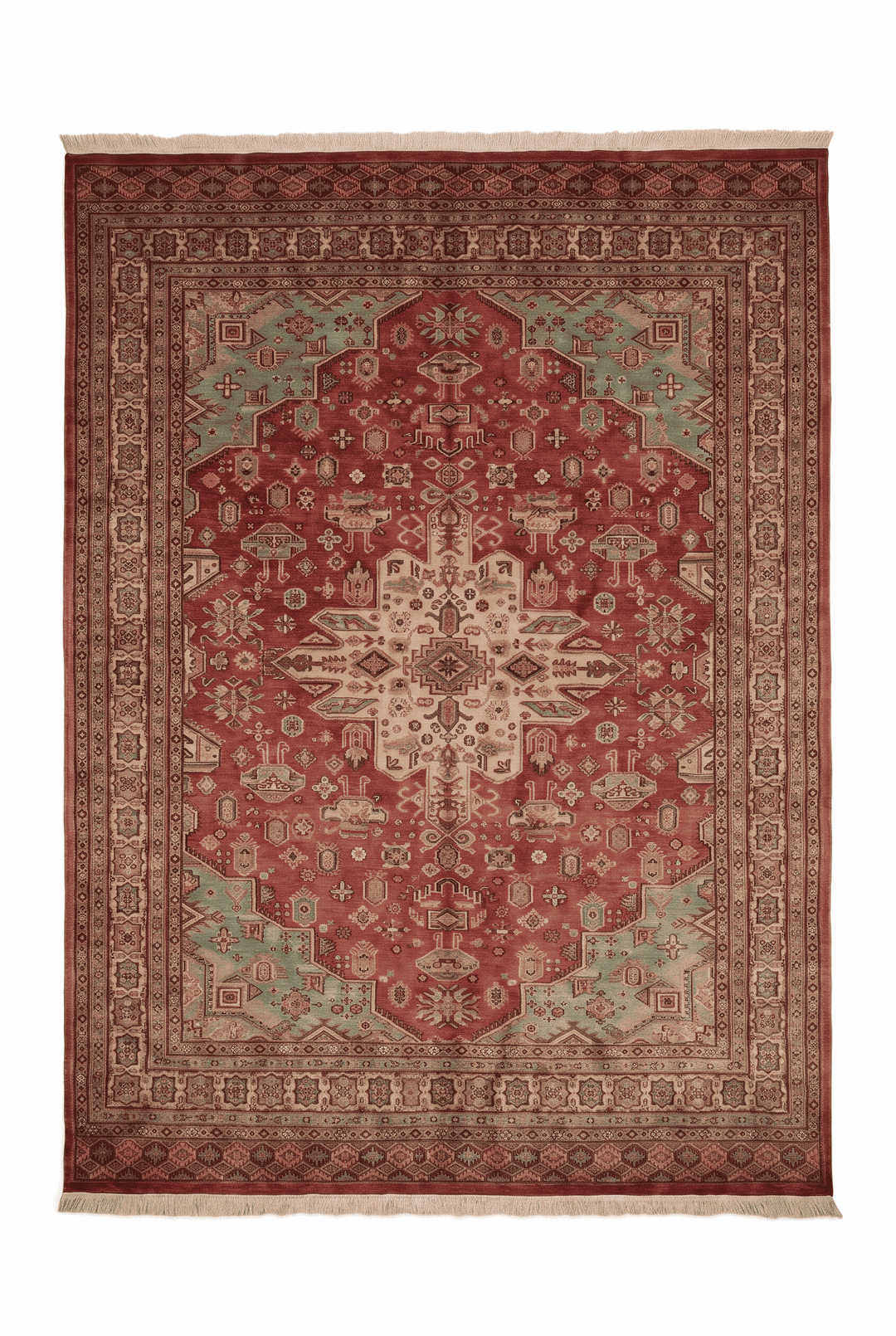 Rust red and green tribal medallion rug in wool and silk, 219×267cm