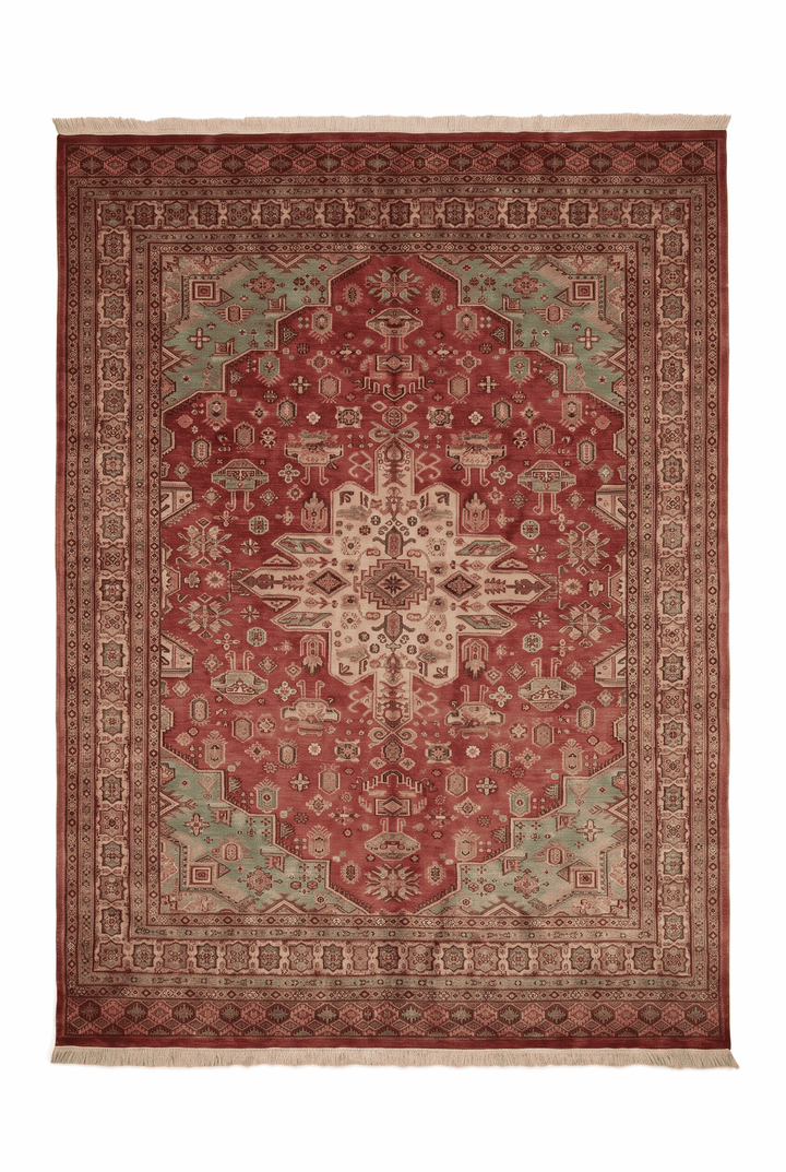 Rust red and green tribal medallion rug in wool and silk, 219×267cm
