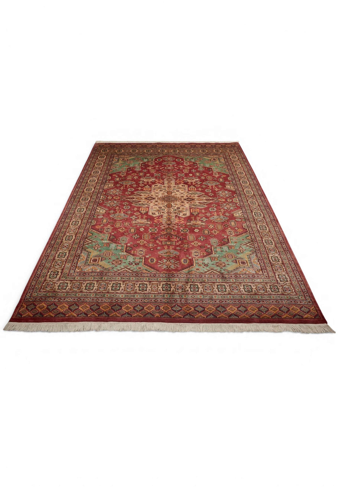 Border detail of rust red hand-knotted Pakistani Jaldar rug
