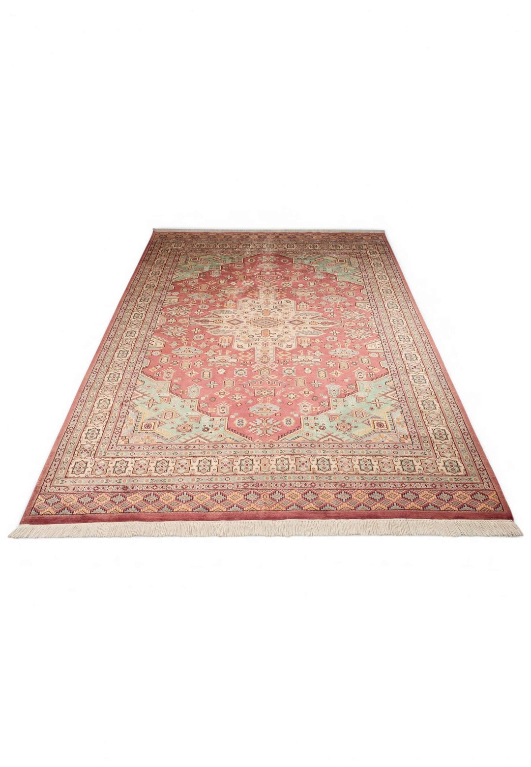 Wool and silk pile of rust green Jaldar rug, 219×267cm