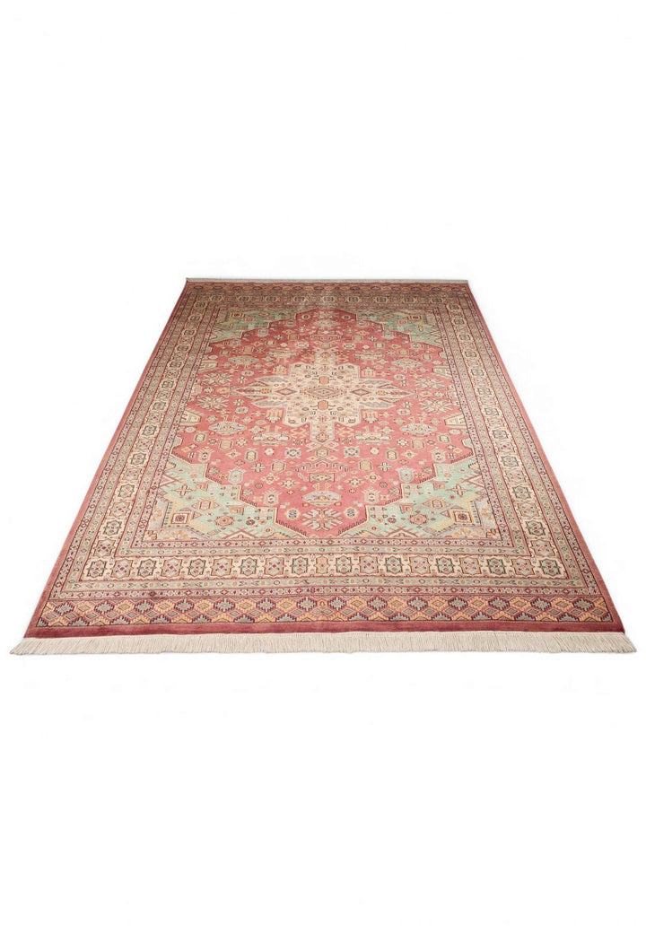 Wool and silk pile of rust green Jaldar rug, 219×267cm