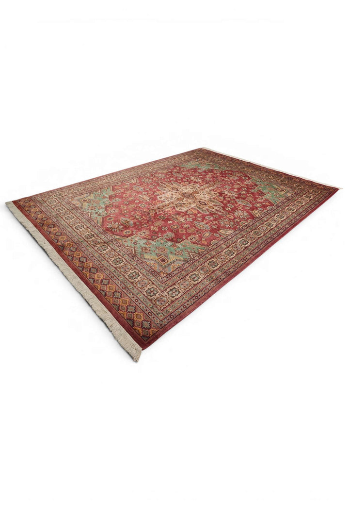 Rust red and green tribal rug for a living room, 3 tatami