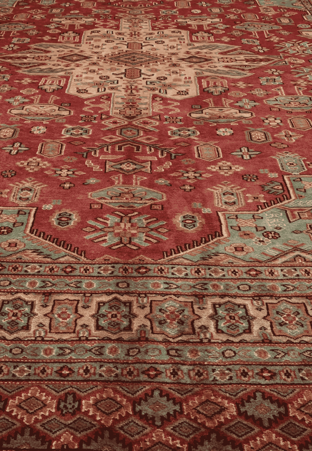One-of-a-kind rust red and green Pakistani Jaldar rug