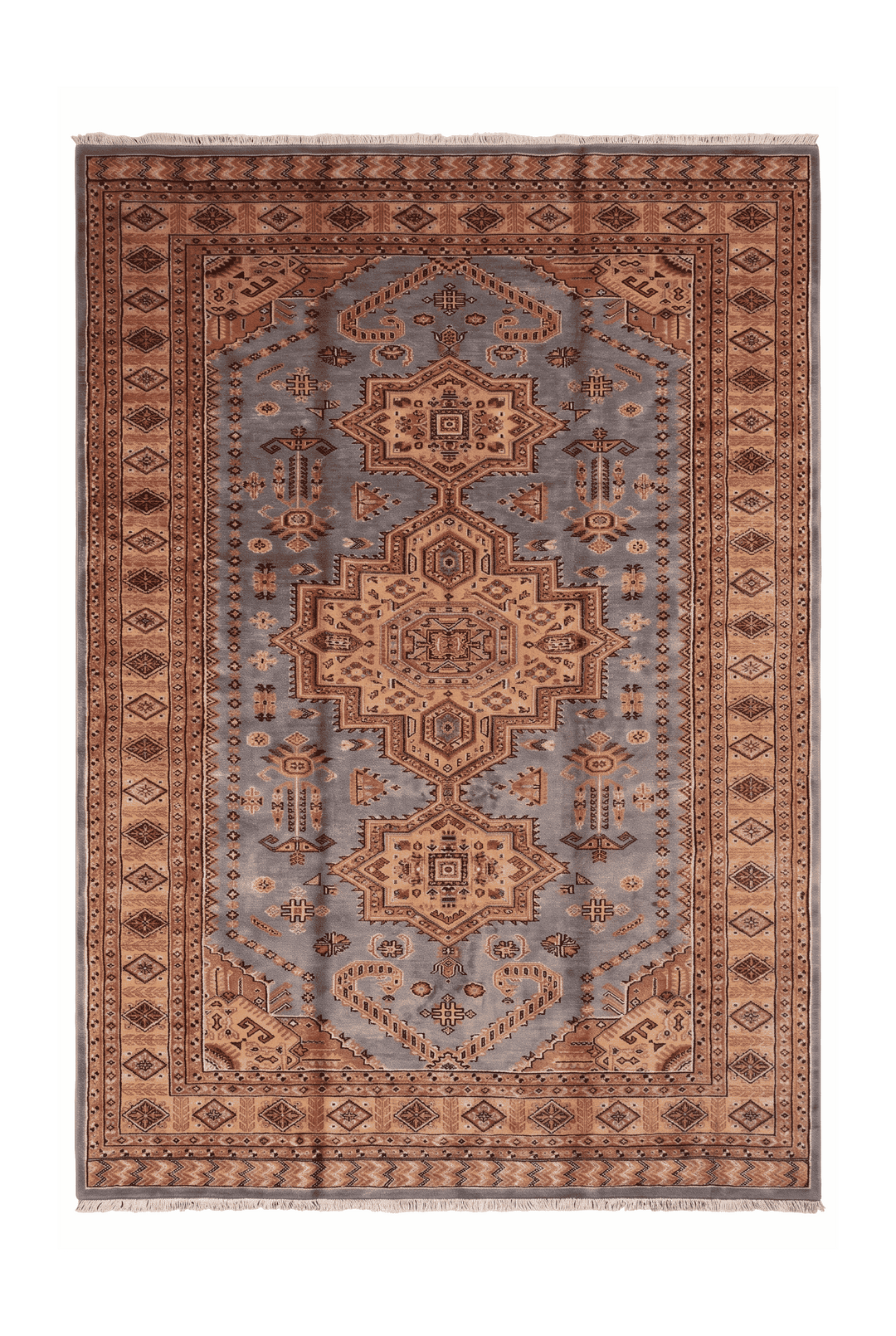 Grey and gold tribal medallion Jaldar rug in wool and silk, 194×280cm