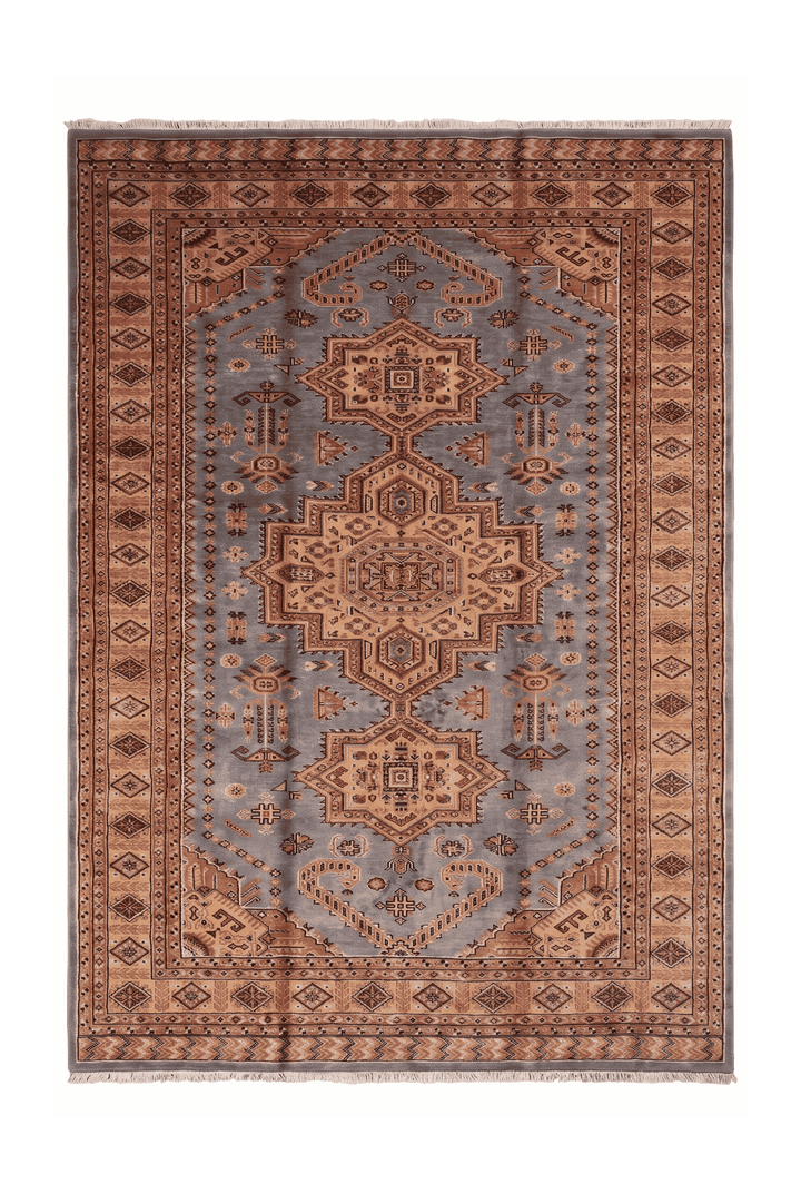 Grey and gold tribal medallion Jaldar rug in wool and silk, 194×280cm
