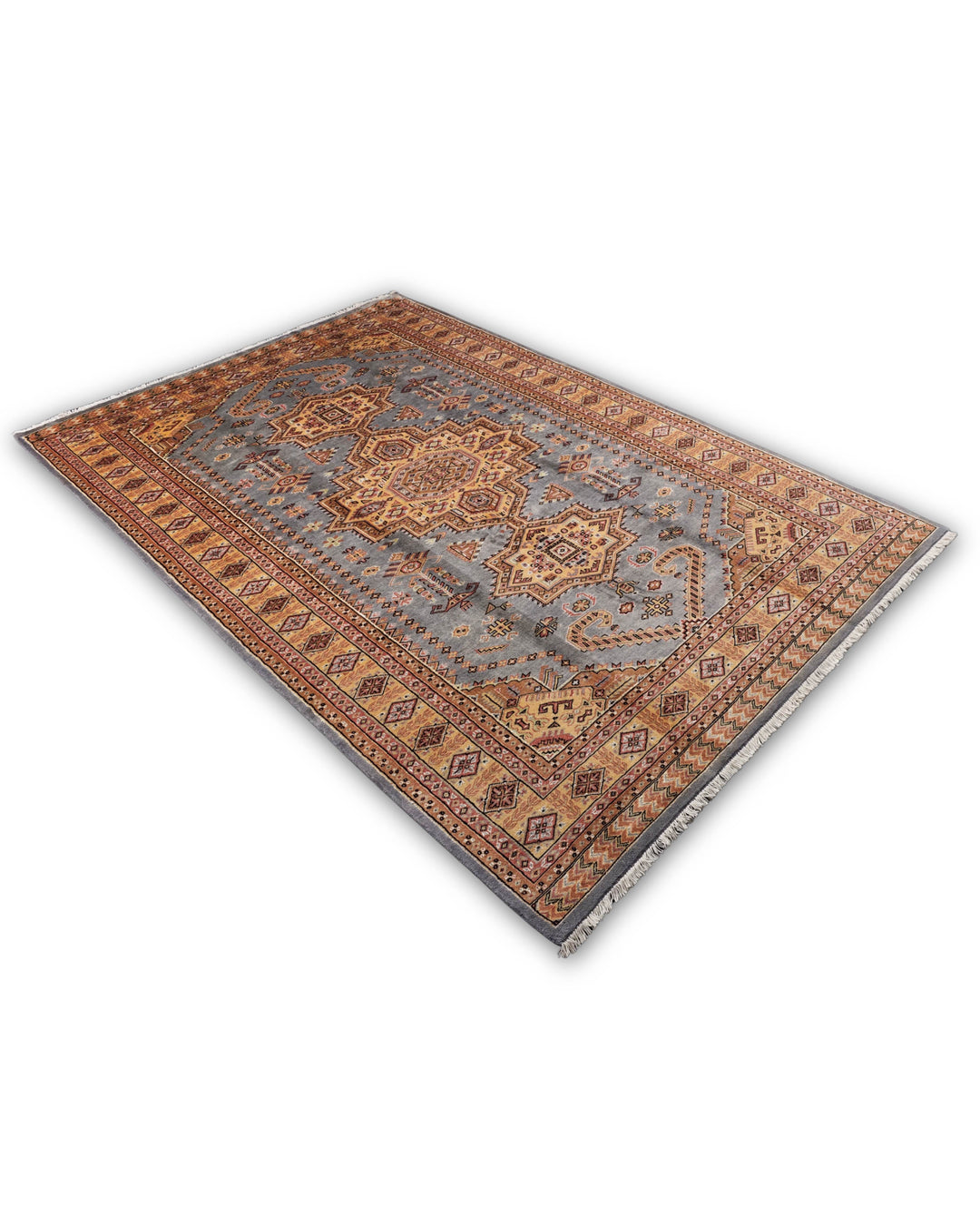 Hand-knotted grey Jaldar rug with silk tribal medallion