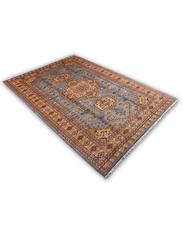 Hand-knotted grey Jaldar rug with silk tribal medallion