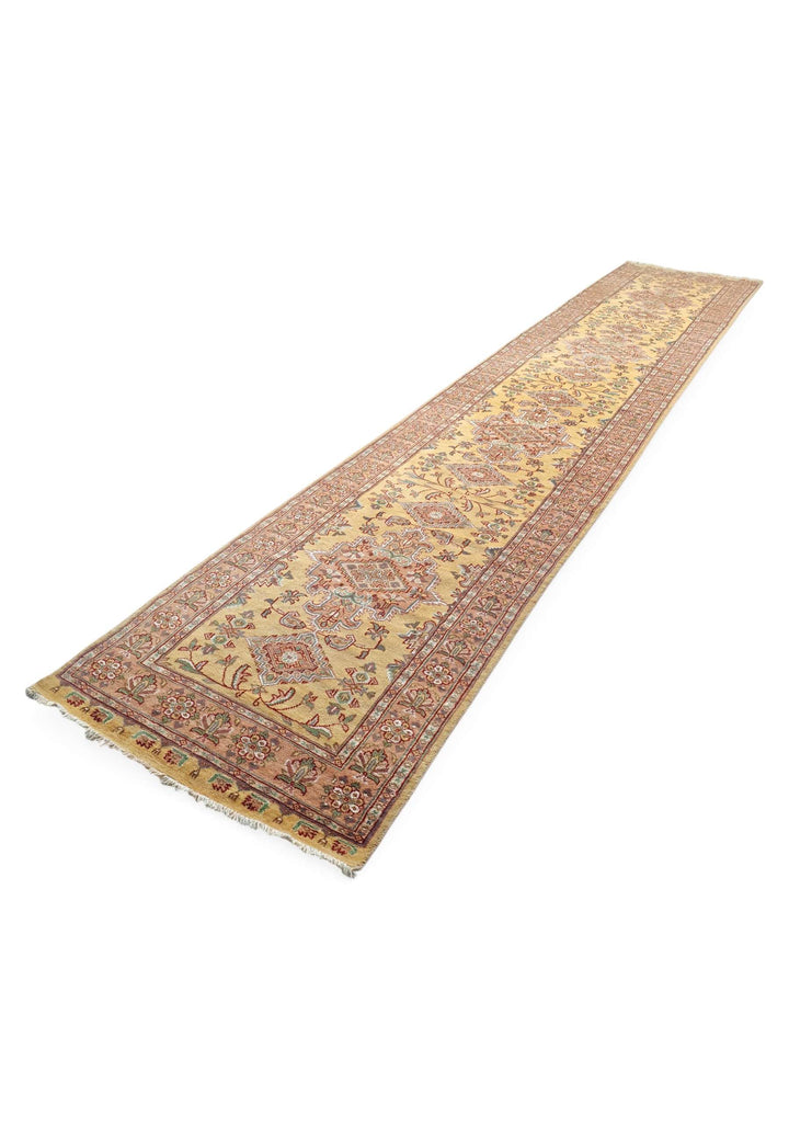 Wool and silk pile of wheat gold Jaldar runner, 79×397cm