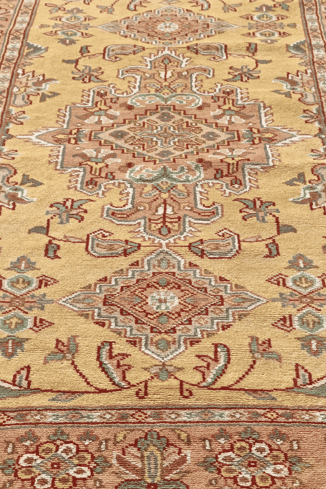 Hand-knotted wheat gold Jaldar runner with silk medallions
