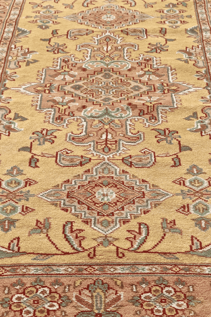 Hand-knotted wheat gold Jaldar runner with silk medallions