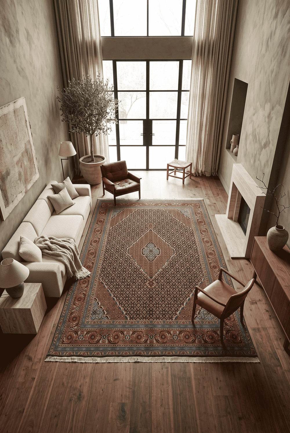 Mahi medallion detail in navy on Persian Ardabil rug