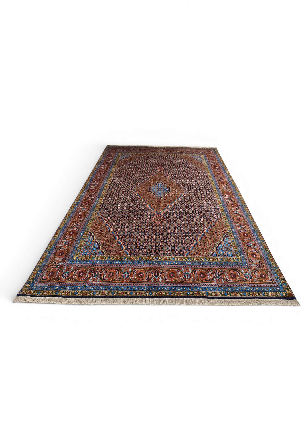 Hand-knotted wool pile of navy Ardabil rug, 197×296cm