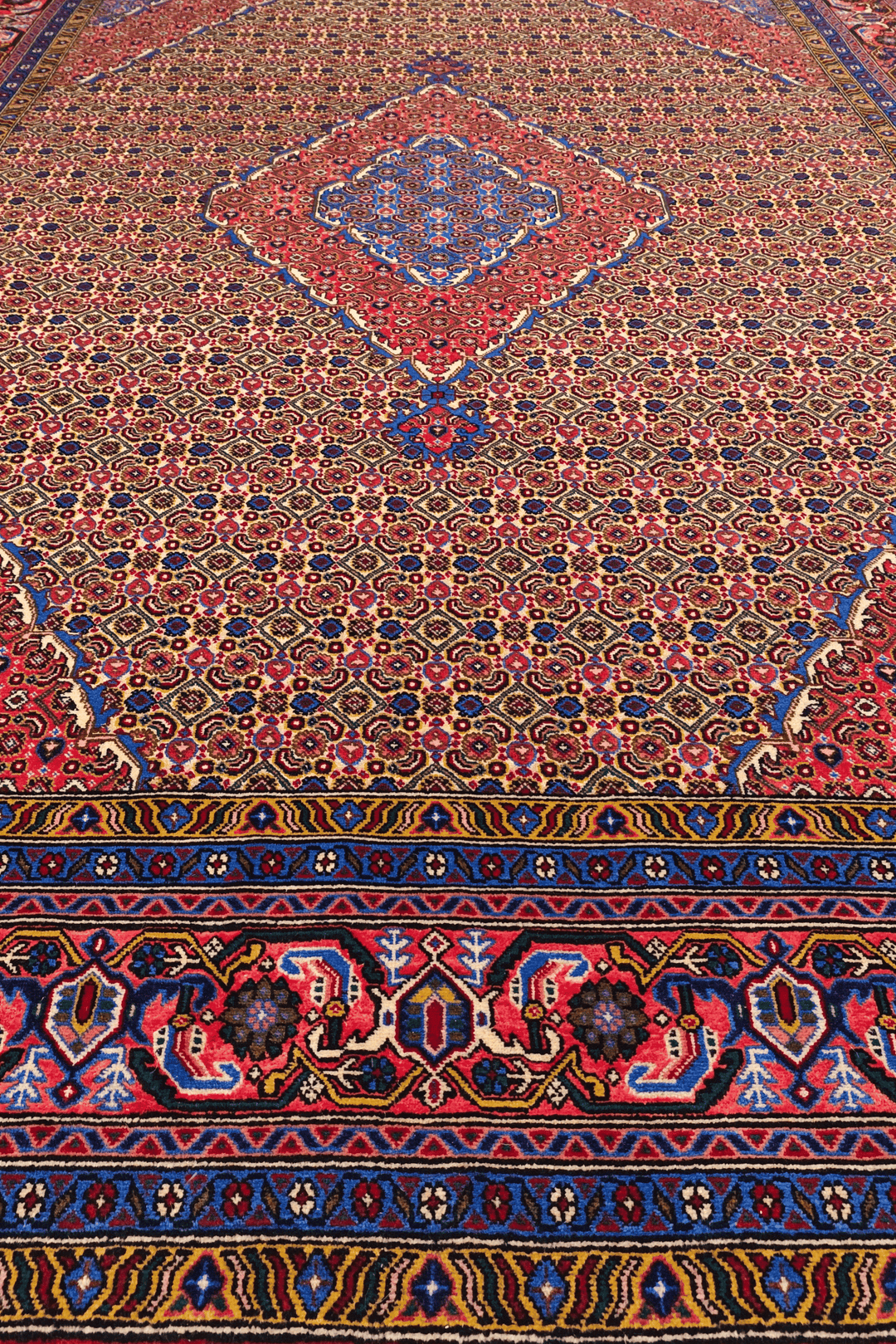 Fringe of camel mahi Persian Ardabil rug