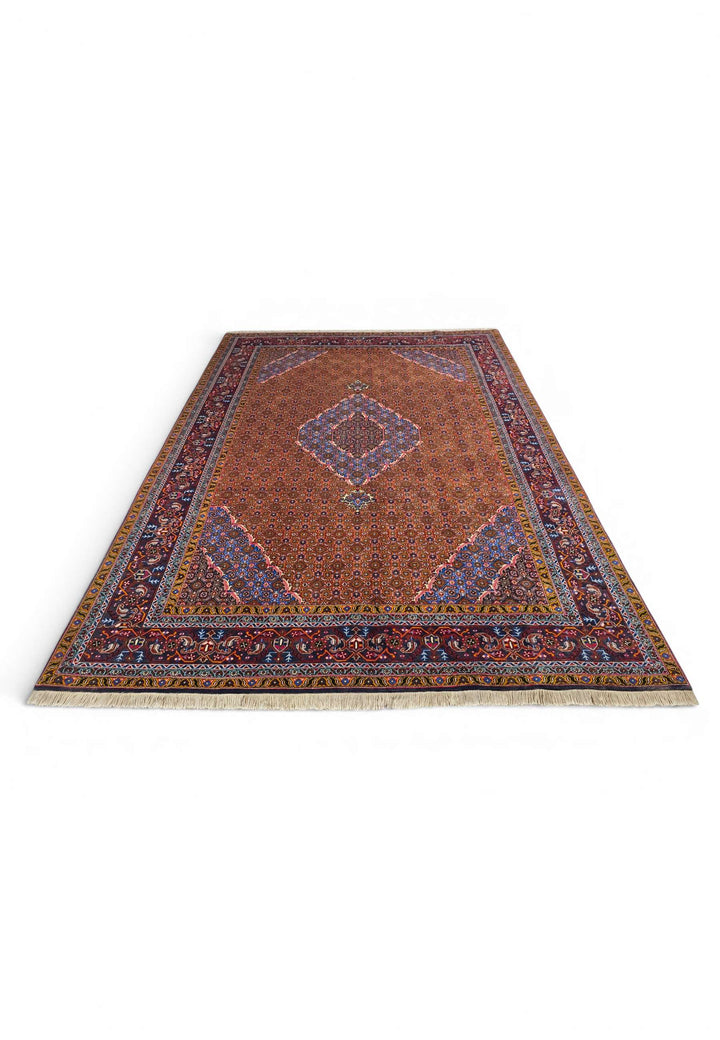 Hand-knotted wool pile of terracotta Ardabil rug, 201×289cm