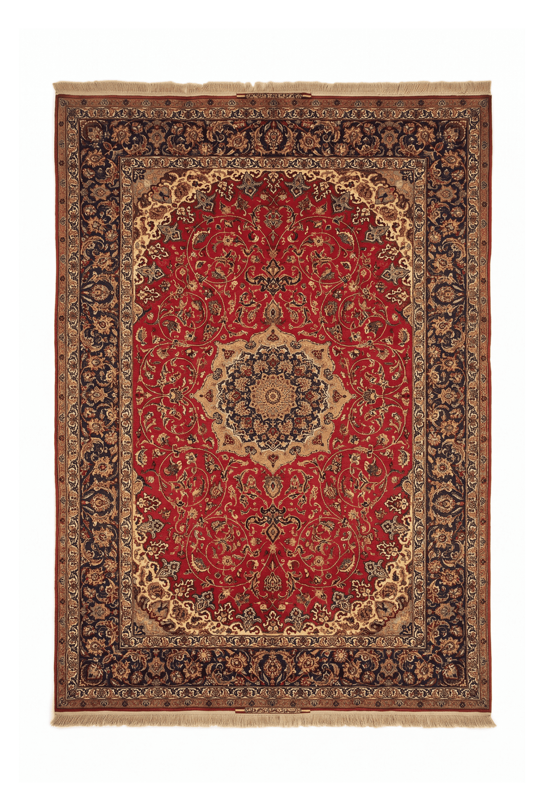 Crimson and gold medallion Sirafian Isfahan rug, 202×307cm, signed
