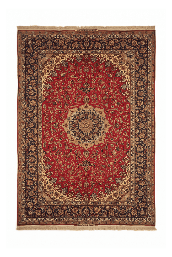 Crimson and gold medallion Sirafian Isfahan rug, 202×307cm, signed