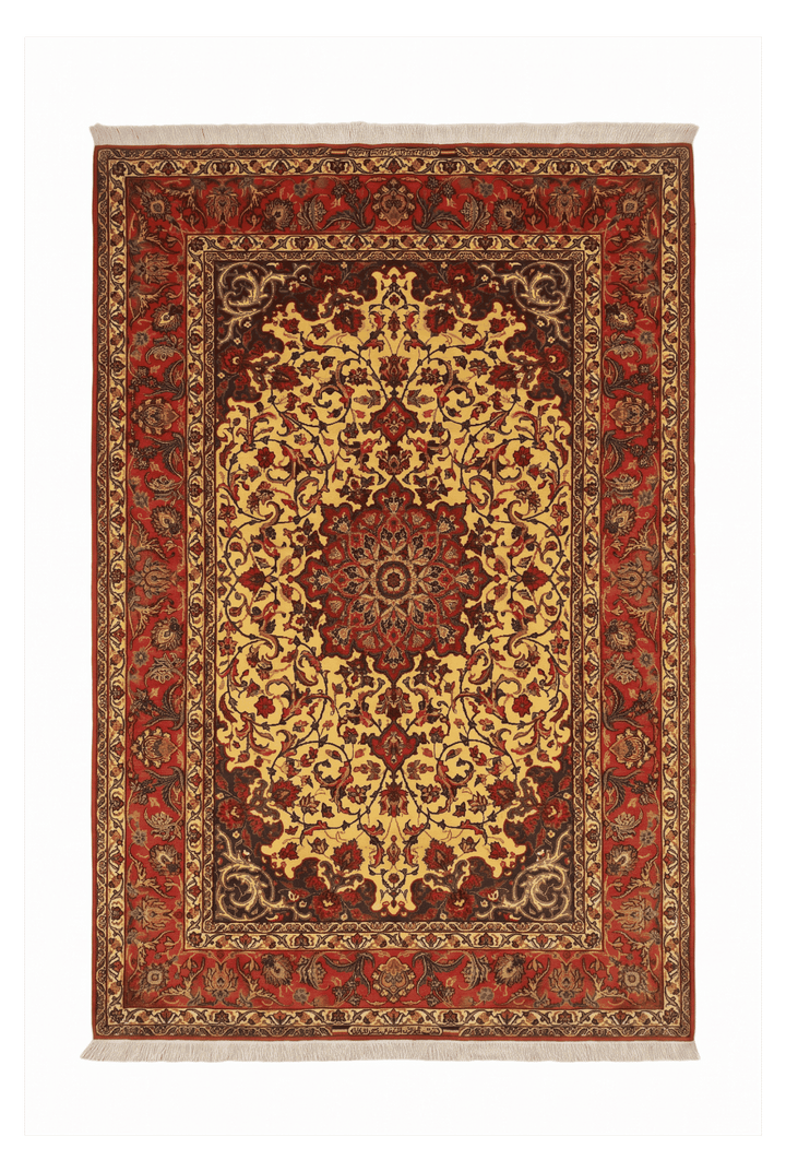 Gold medallion Sirafian Isfahan rug, 156×233cm, hand-knotted wool