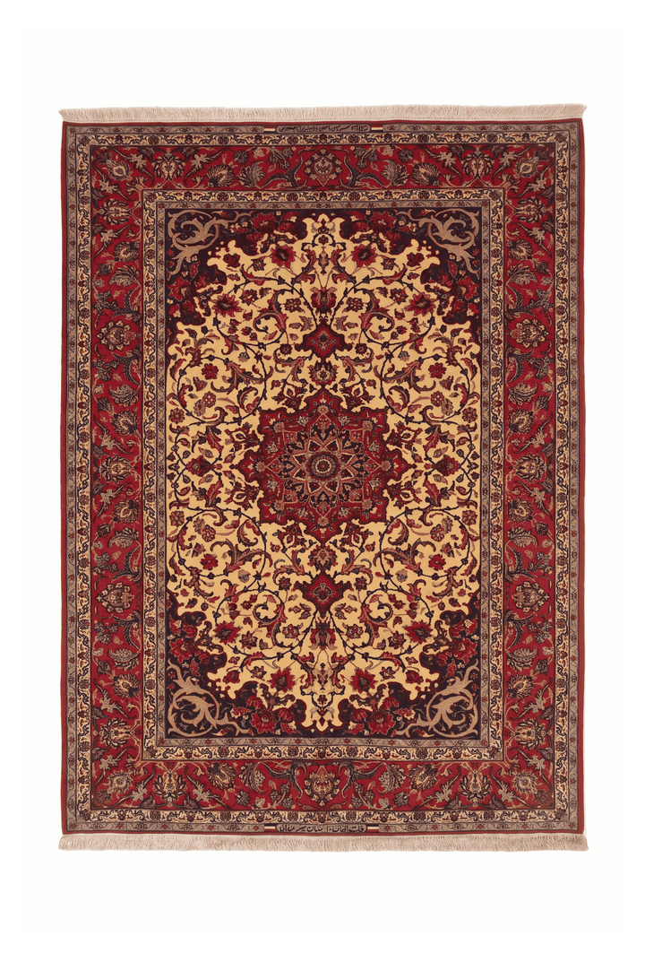 Gold and red medallion Sirafian Isfahan rug, 160×230cm, signed