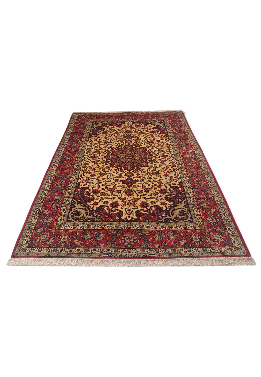 Border detail of gold red Sirafian Isfahan rug