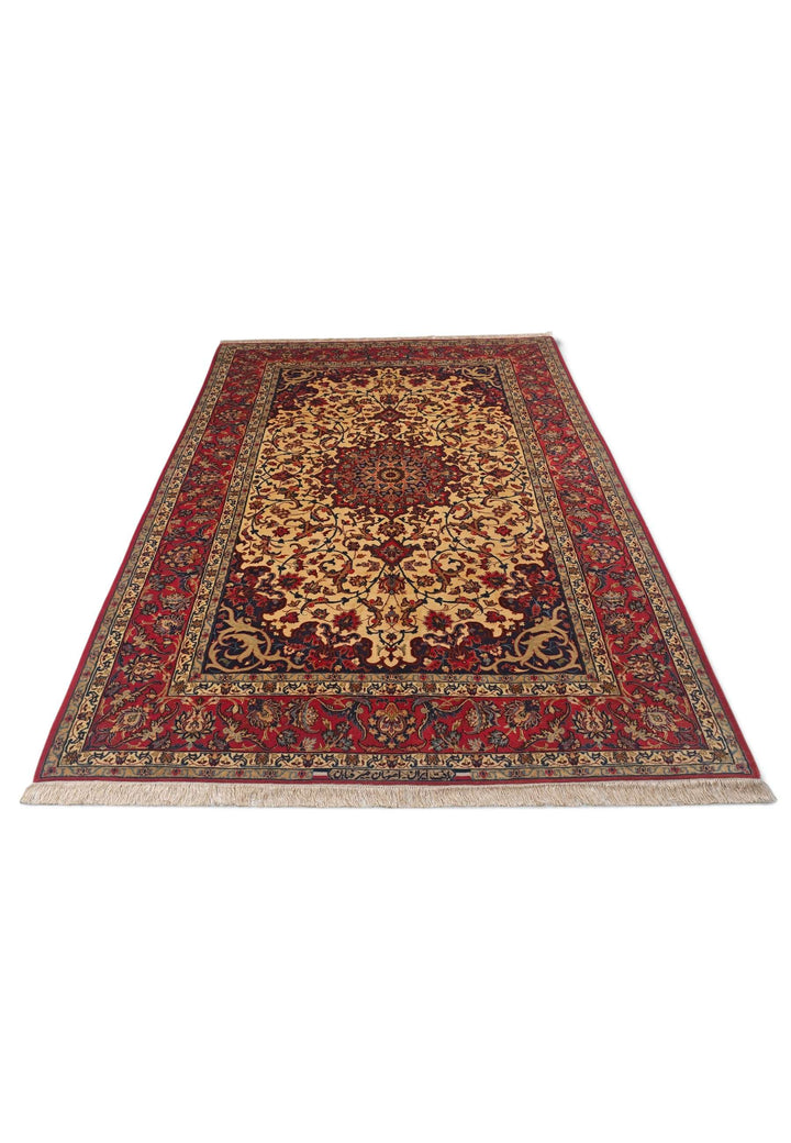 Border detail of gold red Sirafian Isfahan rug