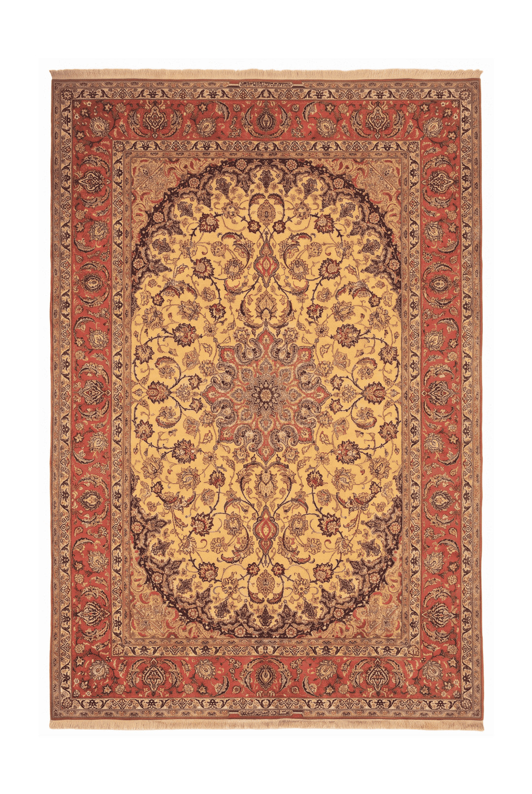Gold and terracotta oval field Sirafian Isfahan rug, 209×307cm