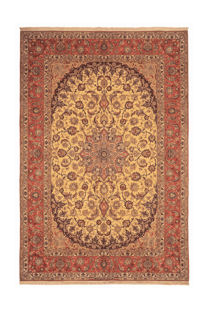 Gold and terracotta oval field Sirafian Isfahan rug, 209×307cm
