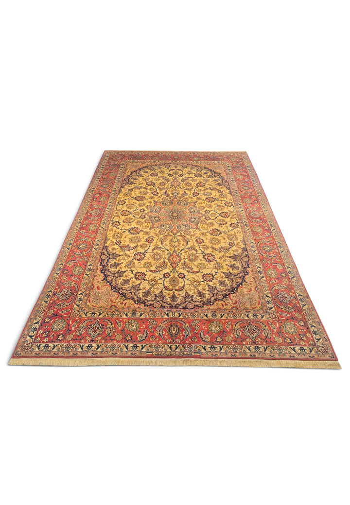 Border detail of gold terracotta Sirafian Isfahan rug