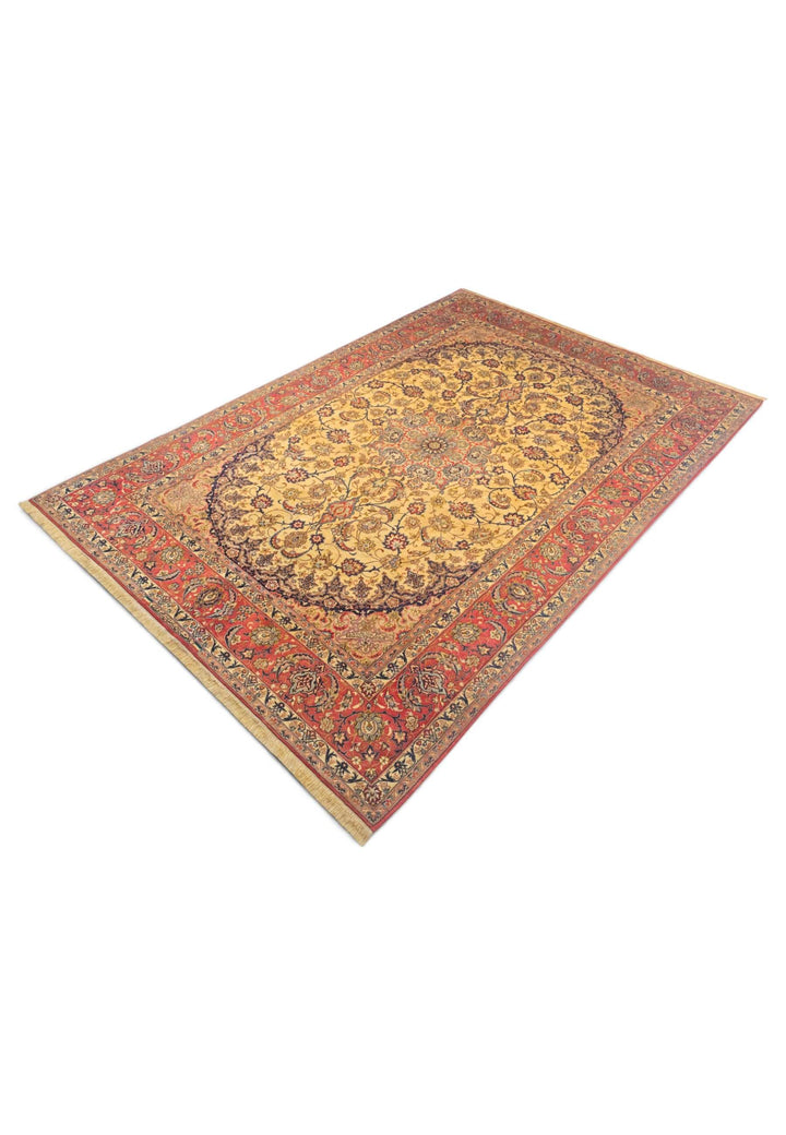 Sirafian workshop signature on gold and terracotta Isfahan rug