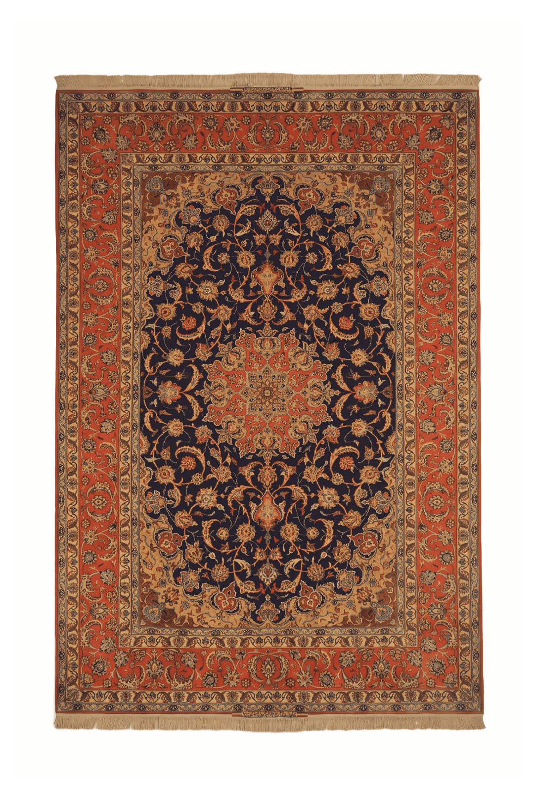 Indigo and terracotta medallion Sirafian Isfahan rug, 199×309cm, signed