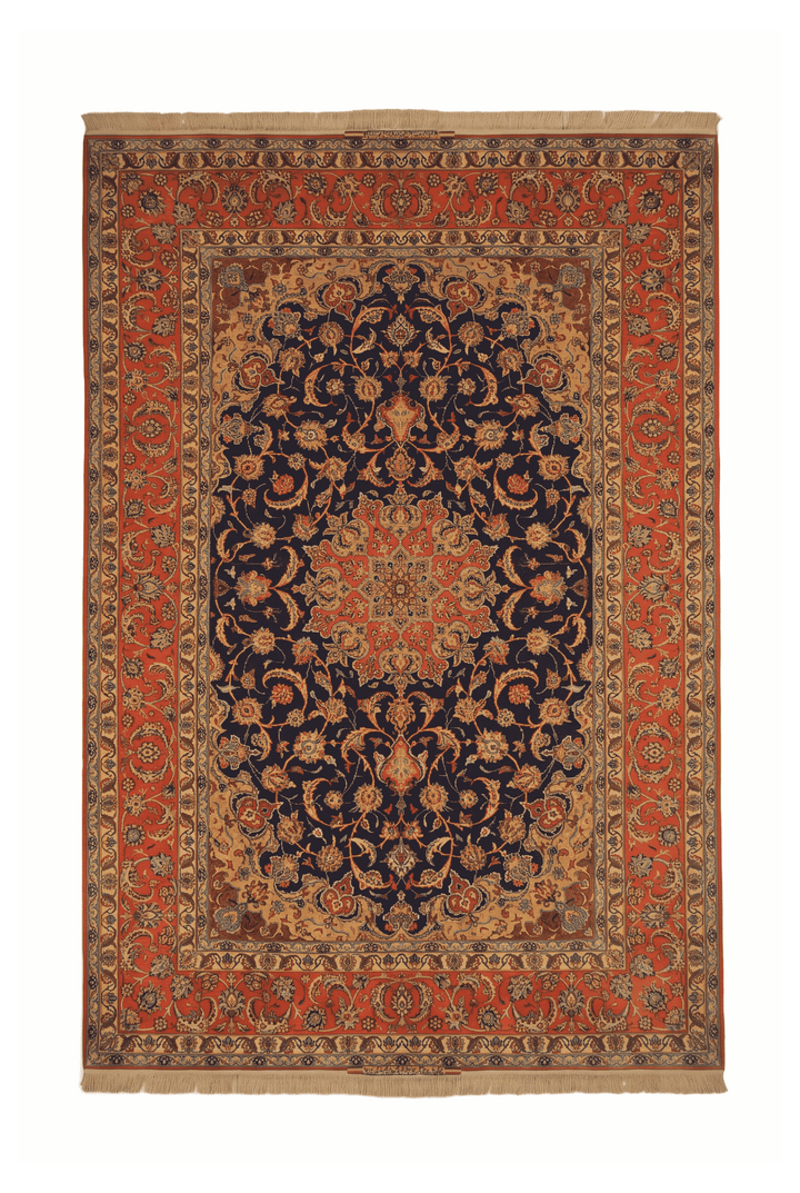 Indigo and terracotta medallion Sirafian Isfahan rug, 199×309cm, signed