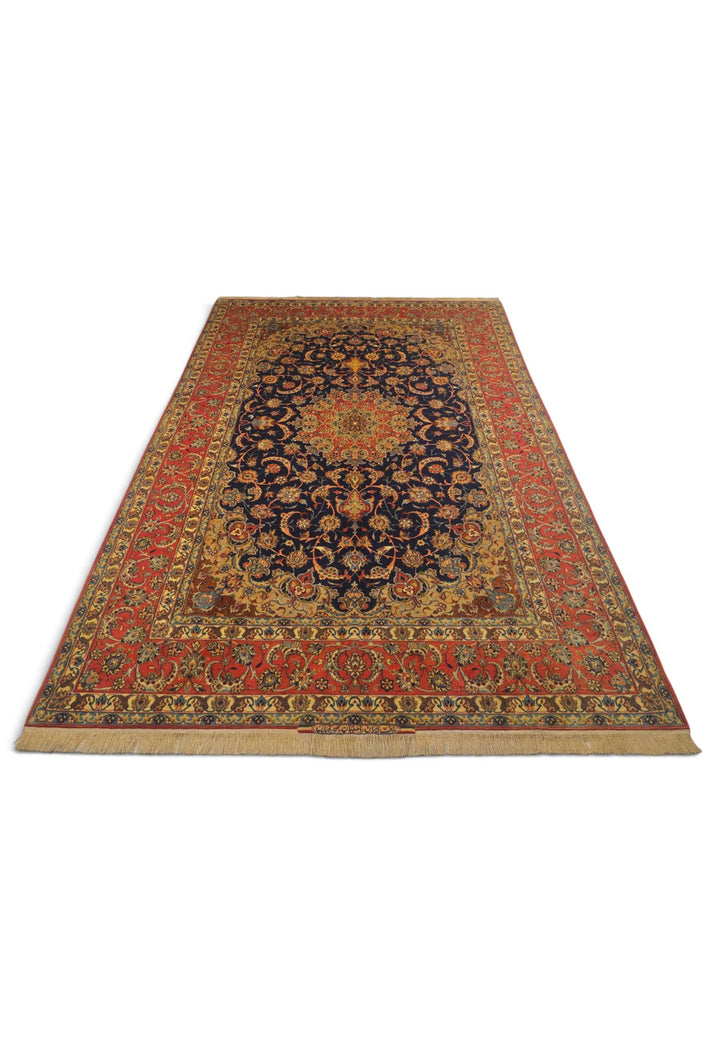 Border detail of indigo terracotta Sirafian Isfahan rug