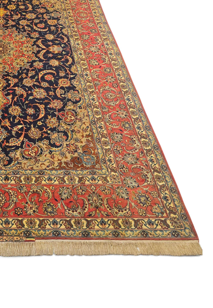 Indigo and terracotta Isfahan rug for a large living room, 4.5 tatami