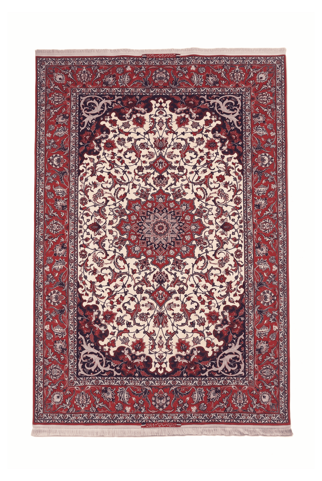 Ivory and red star medallion Sirafian Isfahan rug, 149×238cm, signed