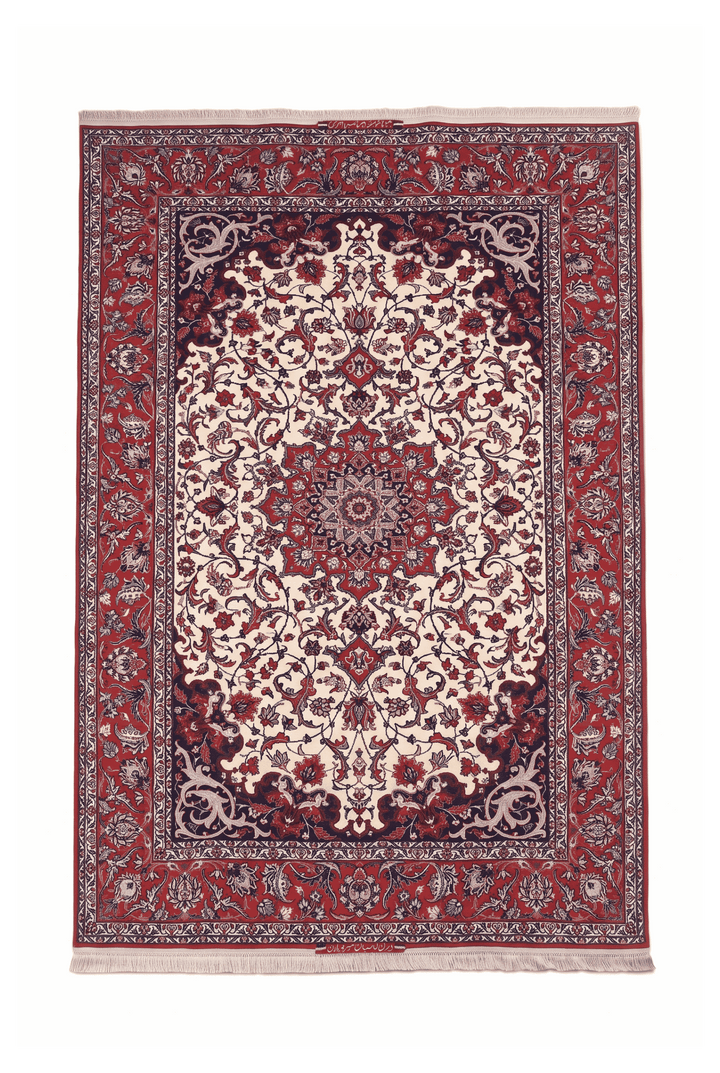 Ivory and red star medallion Sirafian Isfahan rug, 149×238cm, signed