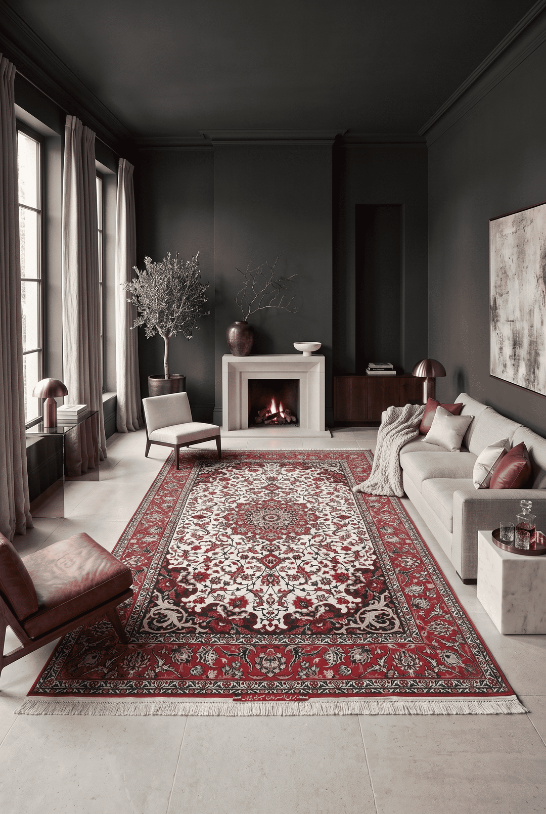 Star medallion detail in ivory and red on Sirafian Isfahan rug