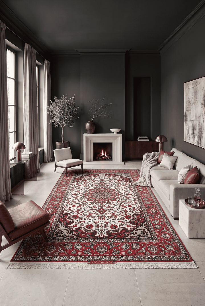 Star medallion detail in ivory and red on Sirafian Isfahan rug