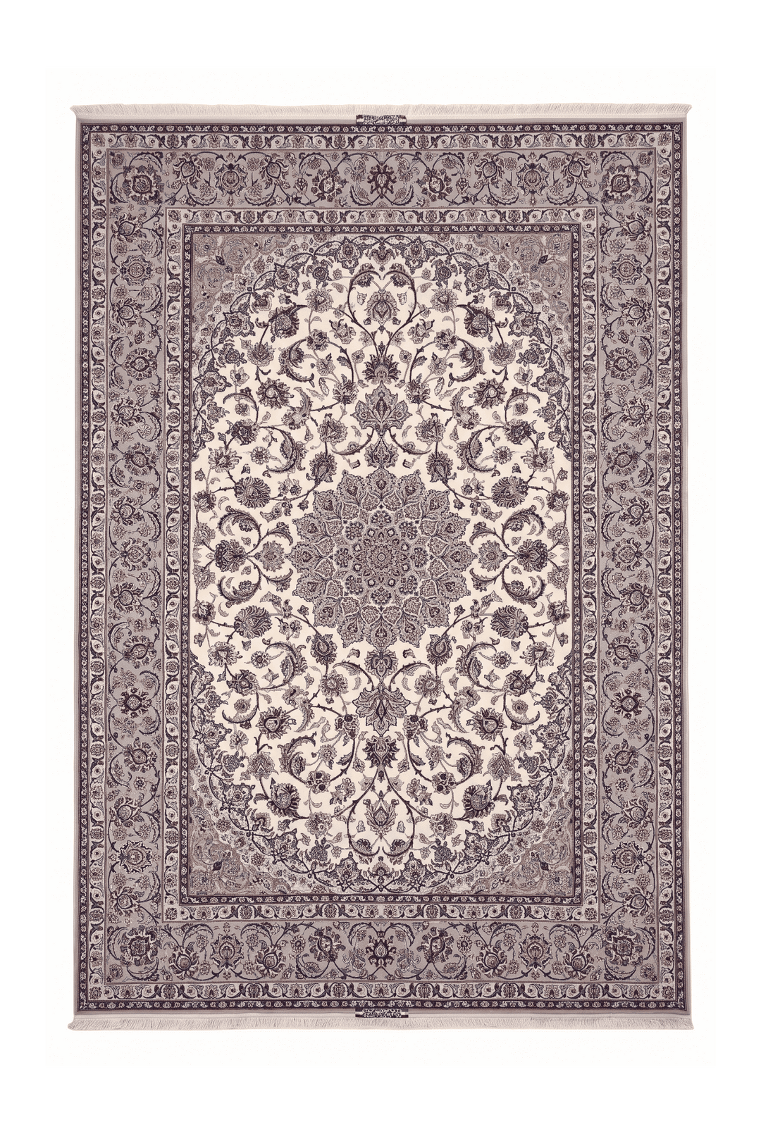 Ivory and grey medallion Yazdani Isfahan rug, 208×308cm, signed