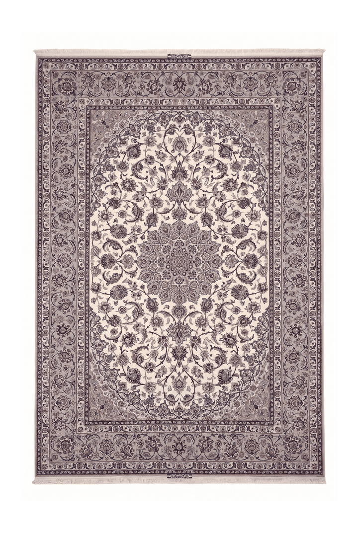 Ivory and grey medallion Yazdani Isfahan rug, 208×308cm, signed