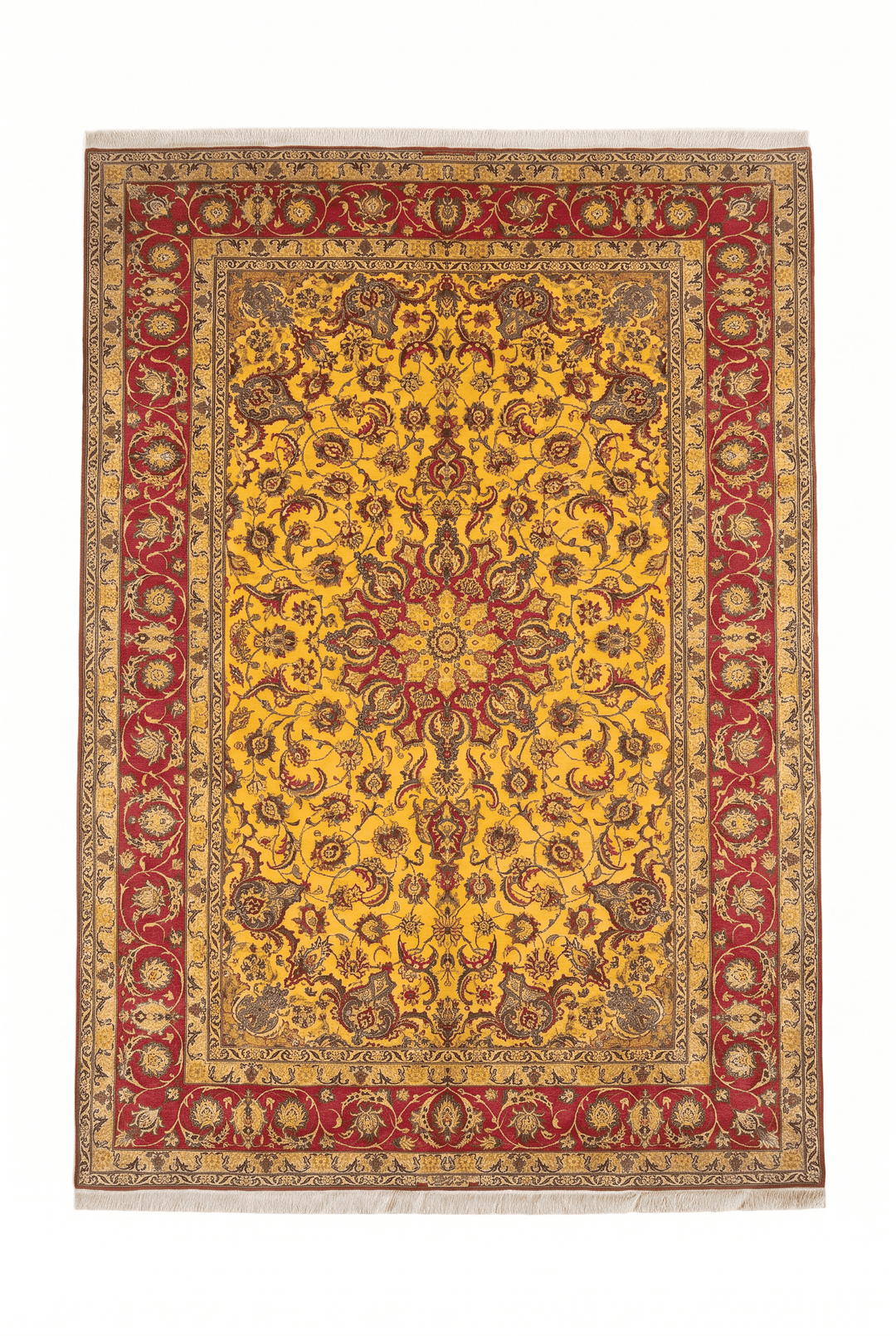 Gold and crimson star medallion Isfahan rug, 205×307cm, signed