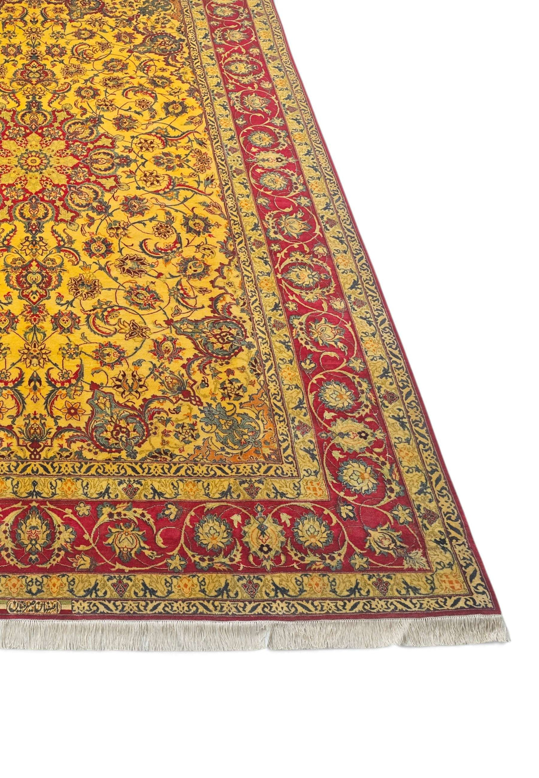 Gold and crimson star medallion Isfahan rug detail