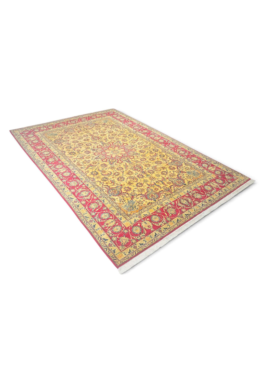 One-of-a-kind signed Isfahan rug in gold and crimson