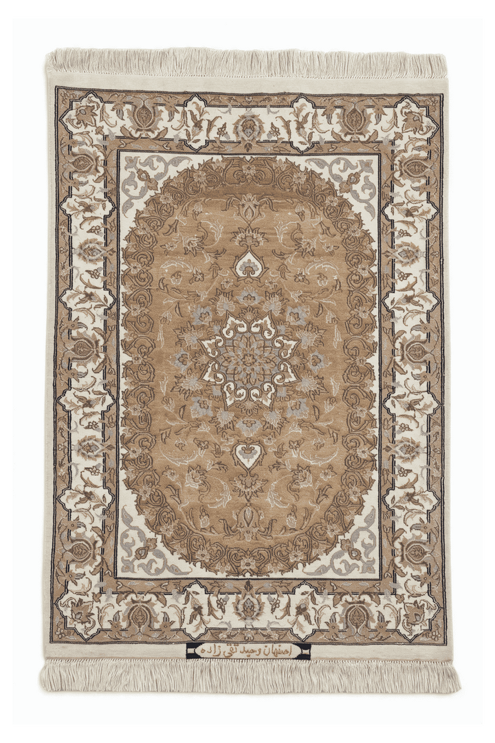 Camel Persian Isfahan Silk Rug, medallion design, hand-knotted, 60×94cm
