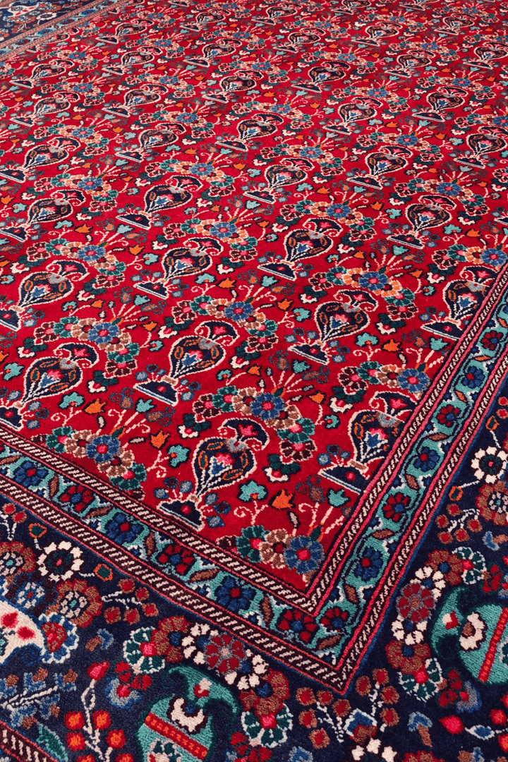 Border detail of cherry red Moud hand-knotted rug