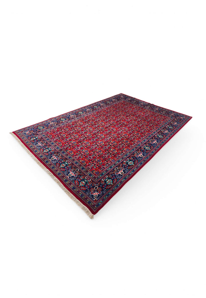 One-of-a-kind cherry red boteh Persian Moud rug