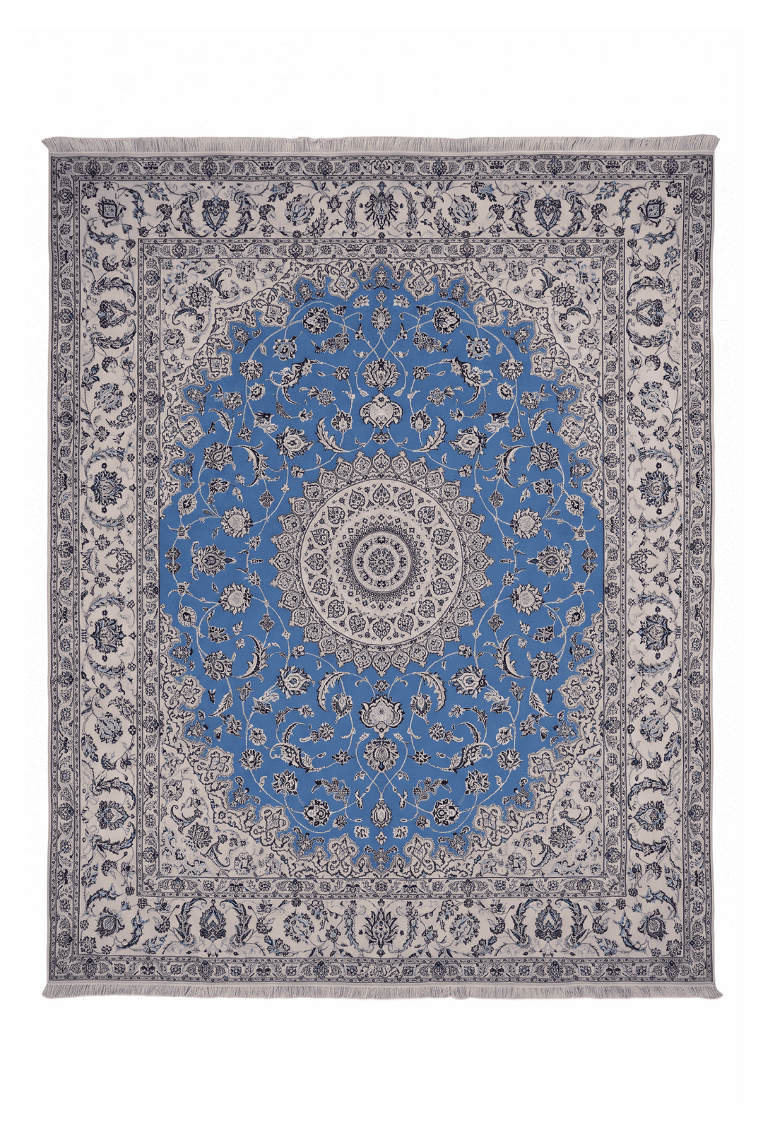 Blue and ivory Gonbad dome medallion Nain rug, 204×248cm, signed