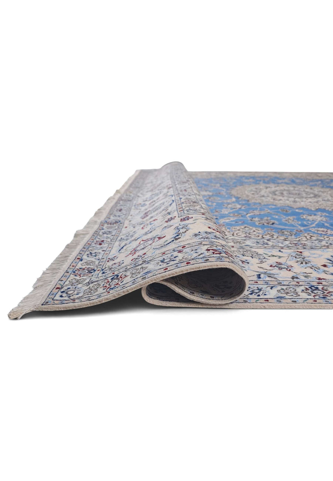 Fringe of blue and ivory Gonbad Persian Nain rug