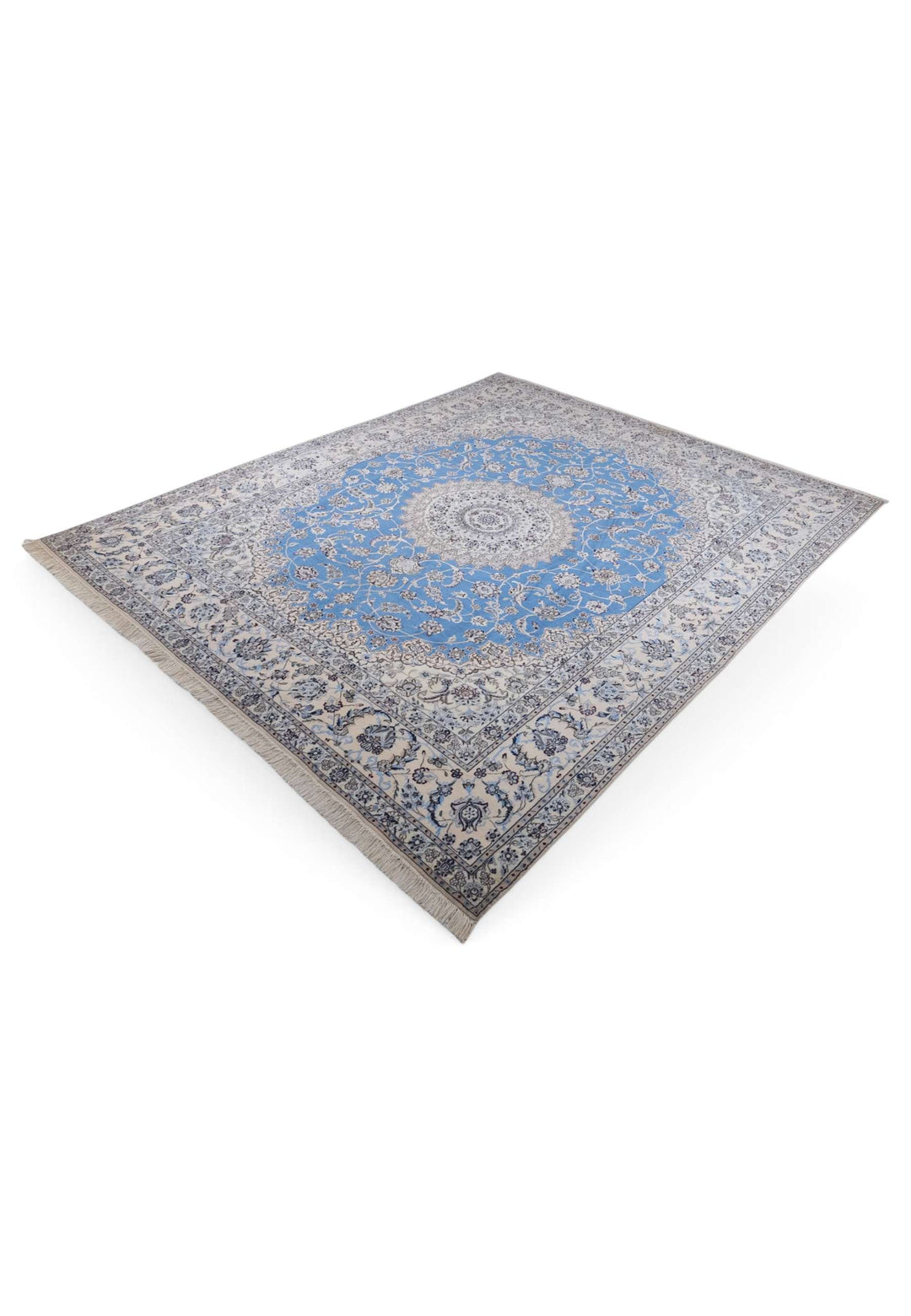 One-of-a-kind signed blue and ivory Gonbad Persian Nain rug