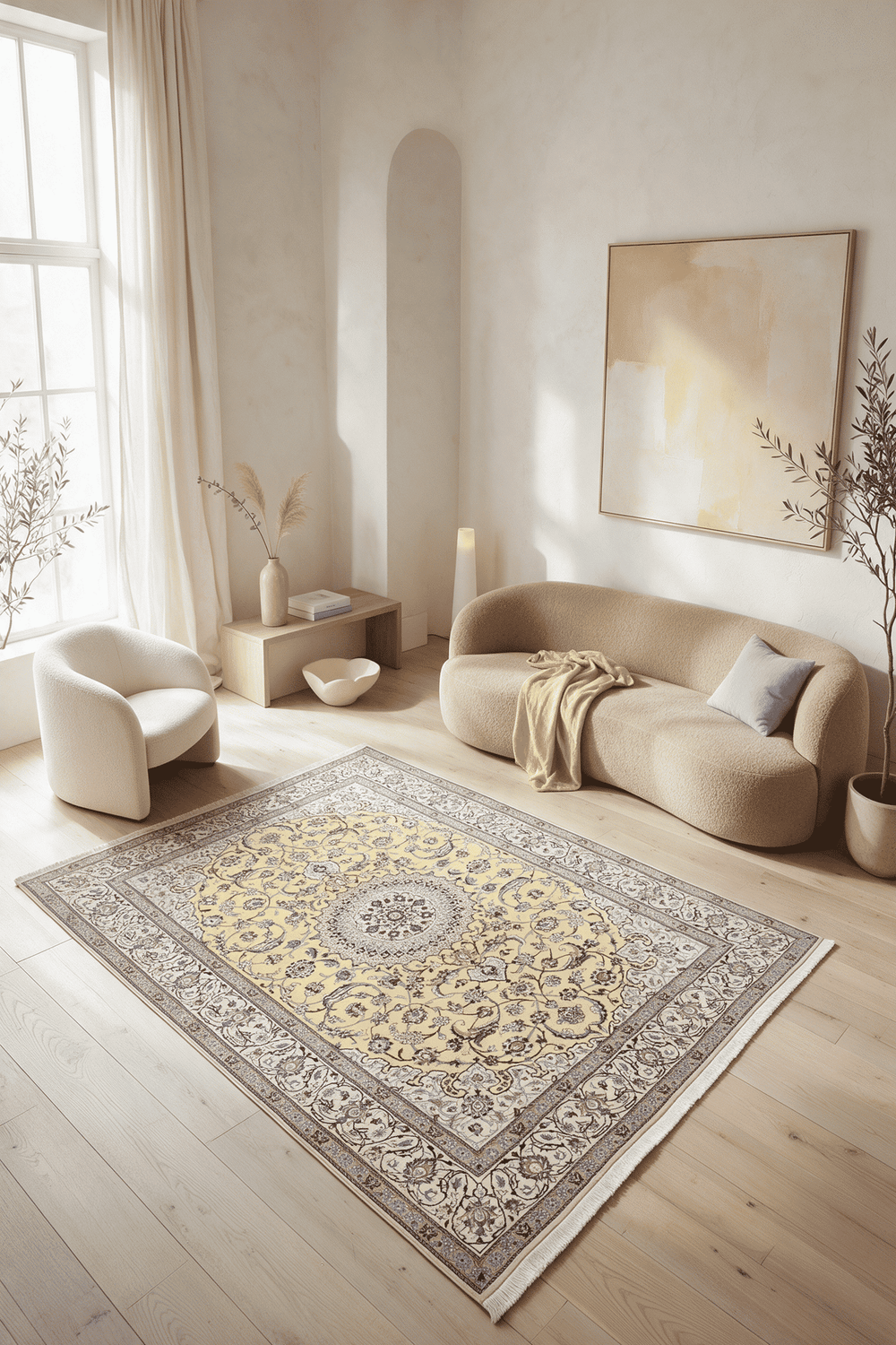 Medallion detail in saffron yellow on Persian Nain rug