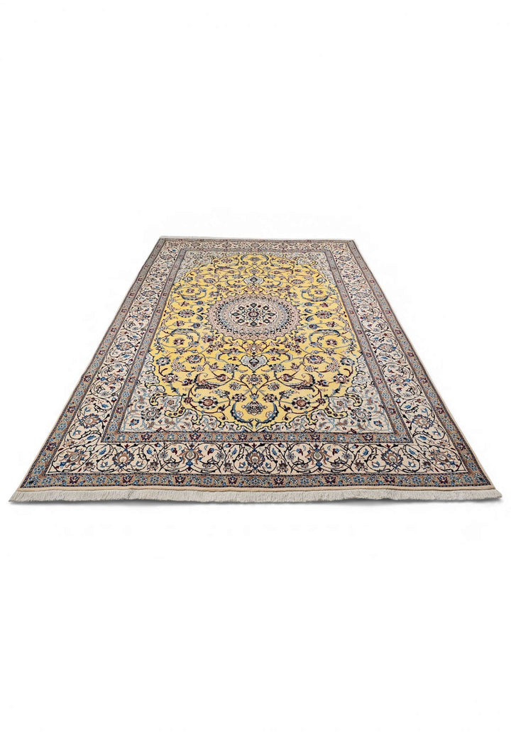 Hand-knotted wool pile of saffron Nain rug, 195×285cm